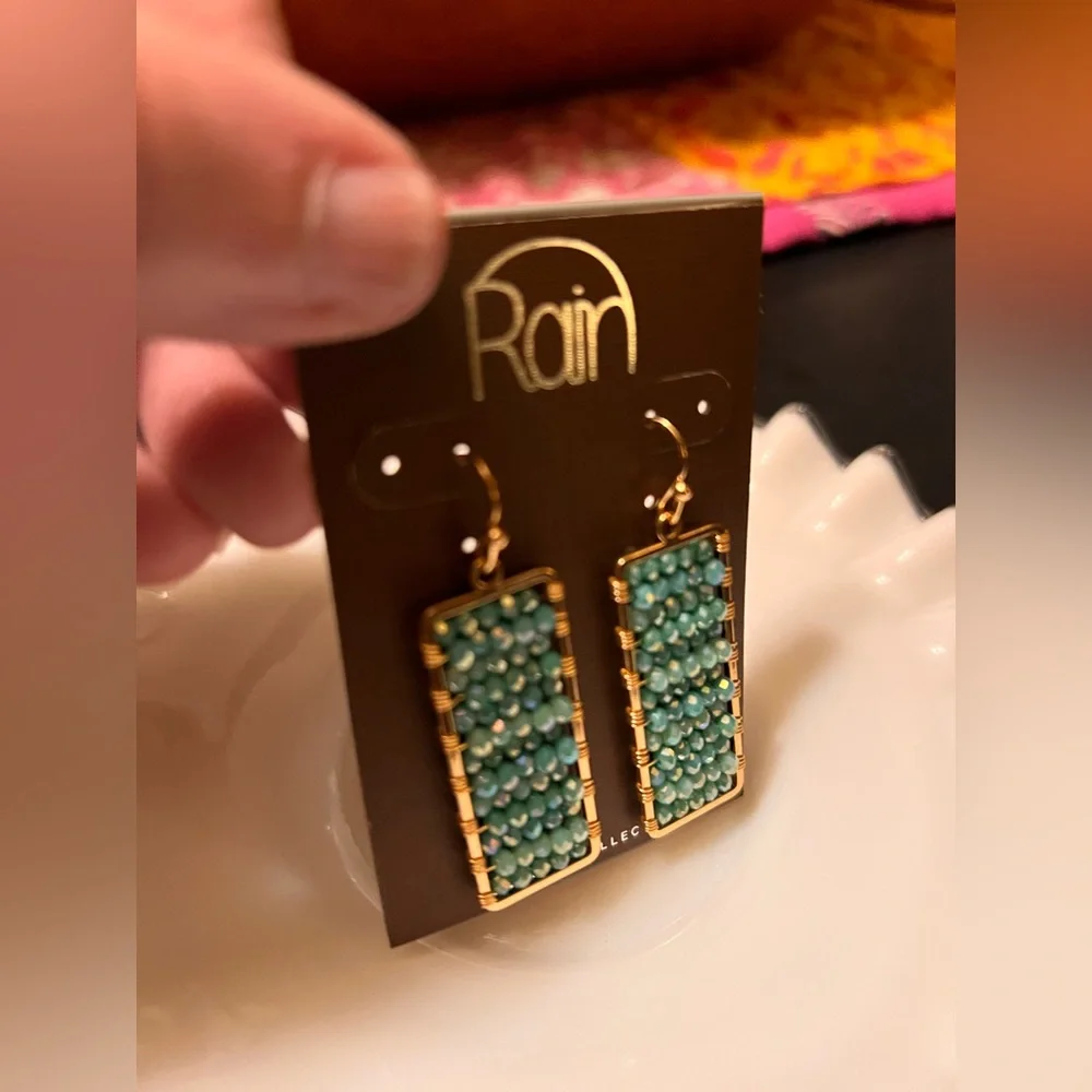 Gold-Trim Turquoise Beaded Rectangle Drop Earrings